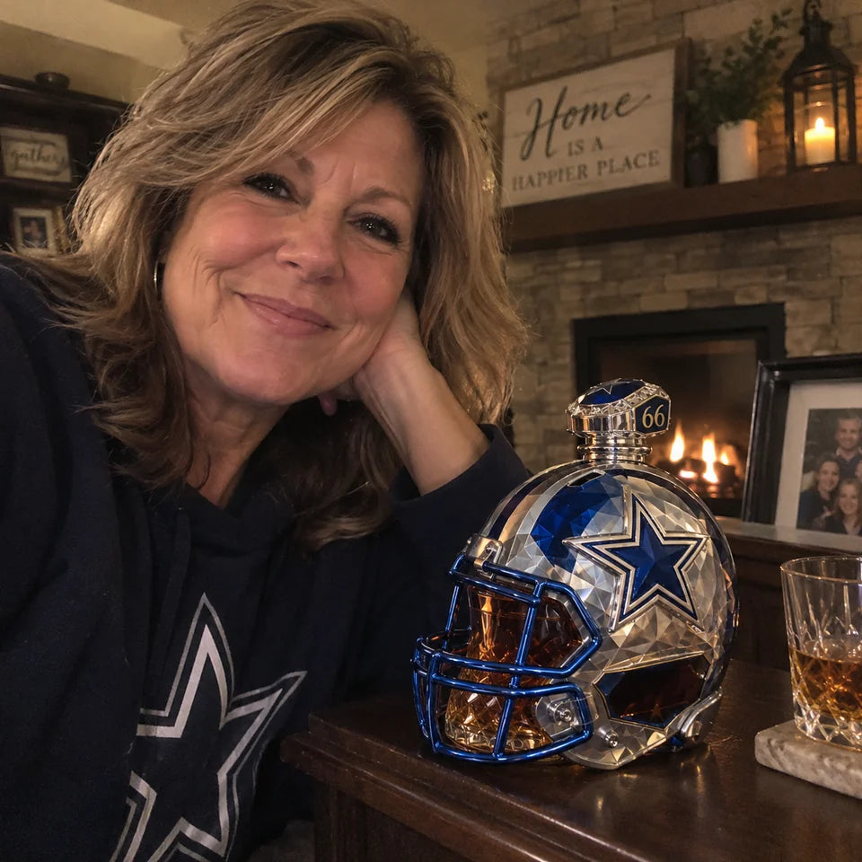 Home setting with a woman beside the helmet-shaped decanter