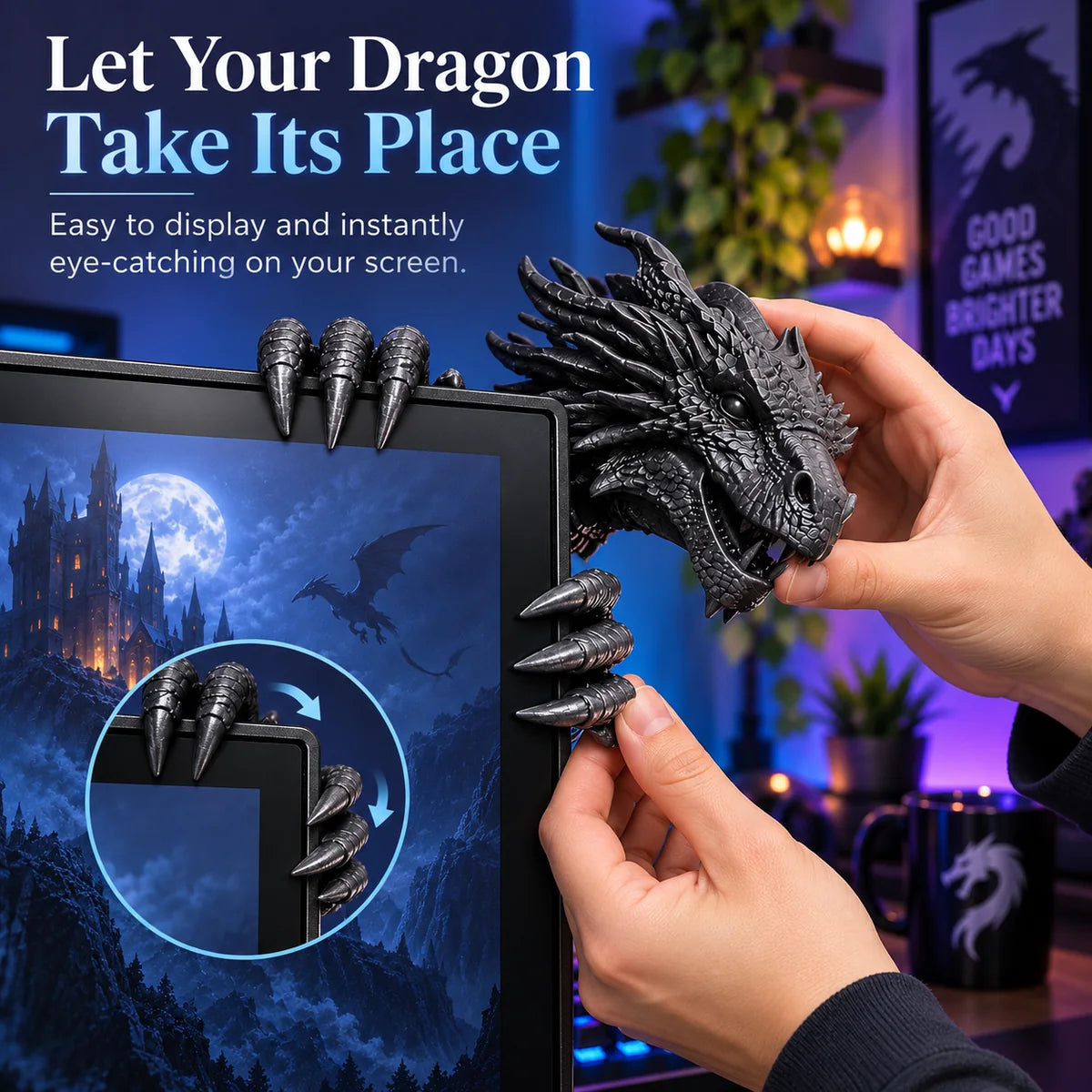 Hands placing a black dragon screen decoration on a monitor
