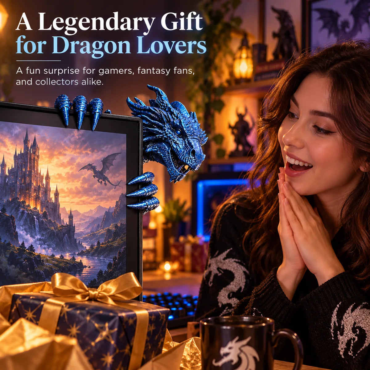 Blue dragon monitor accessory displayed as a gift in a cozy gaming room