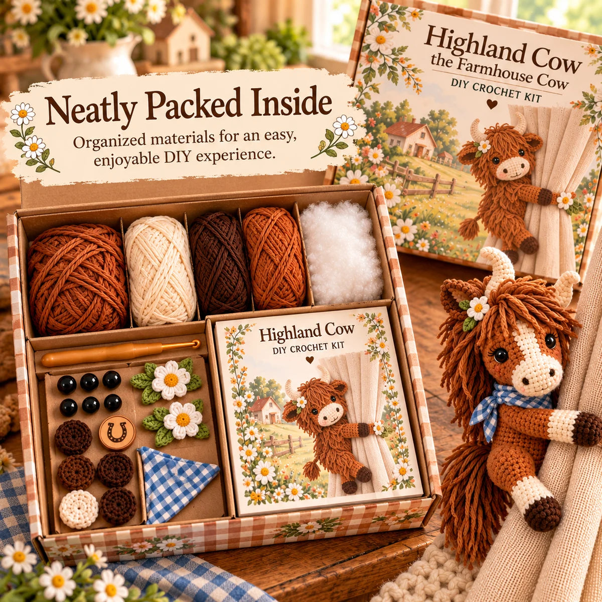 Illustrated Highland Cow crochet kit presentation with yarn, hook, accessories and instructions