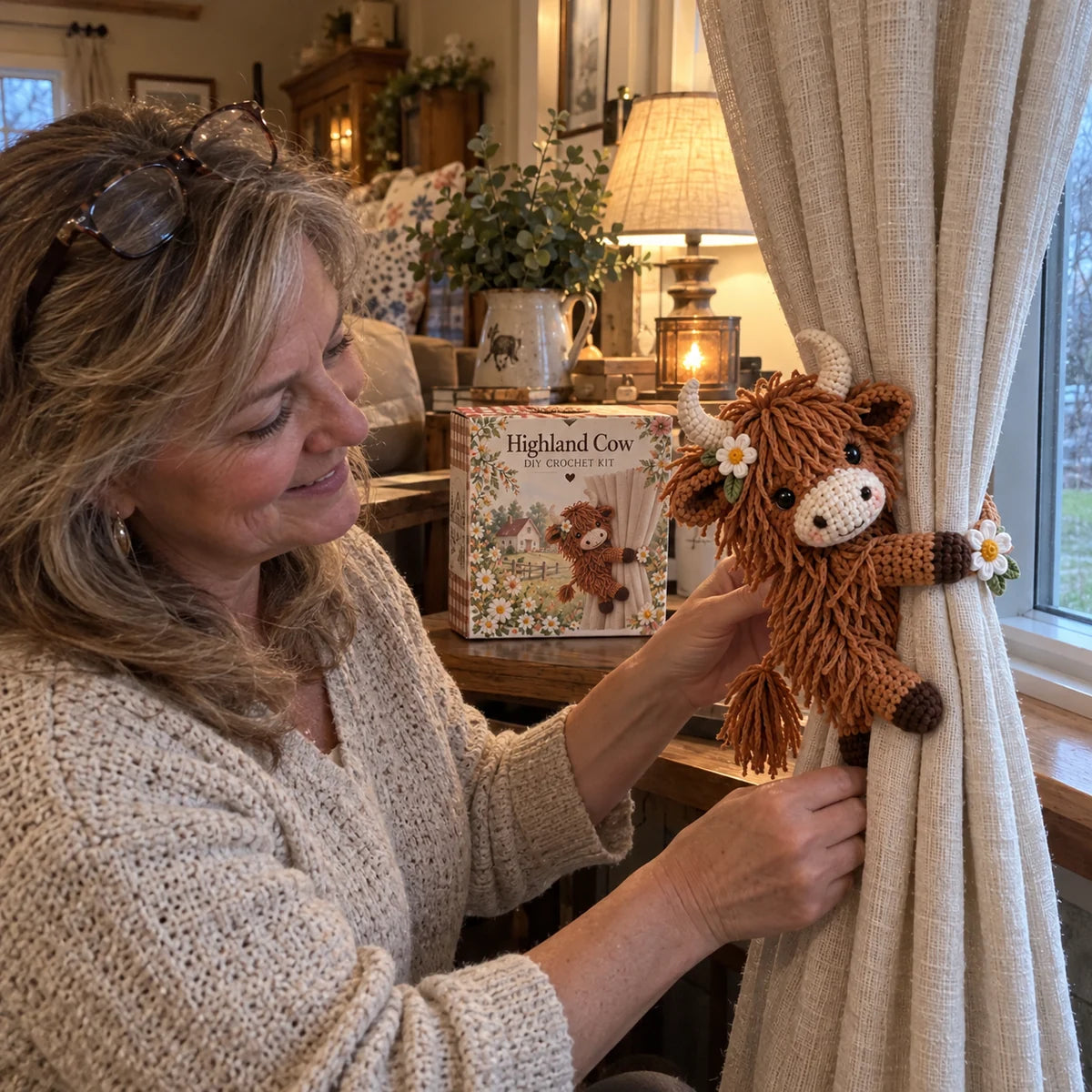 Woman adjusting a Highland Cow crochet tieback on a curtain at home