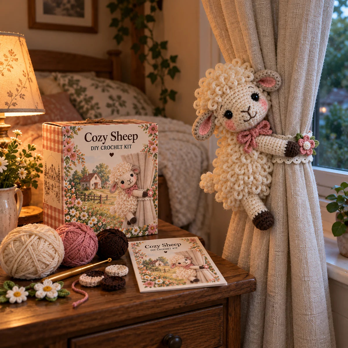 Cozy Sheep crochet tieback displayed on a bedroom curtain with its kit box