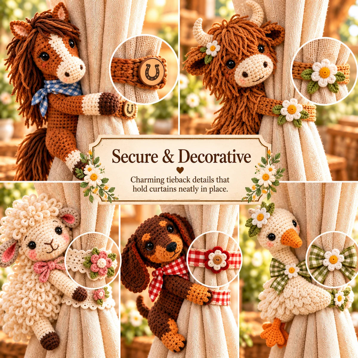 Close-up of animal crochet tieback straps, flowers, bows and decorative accents