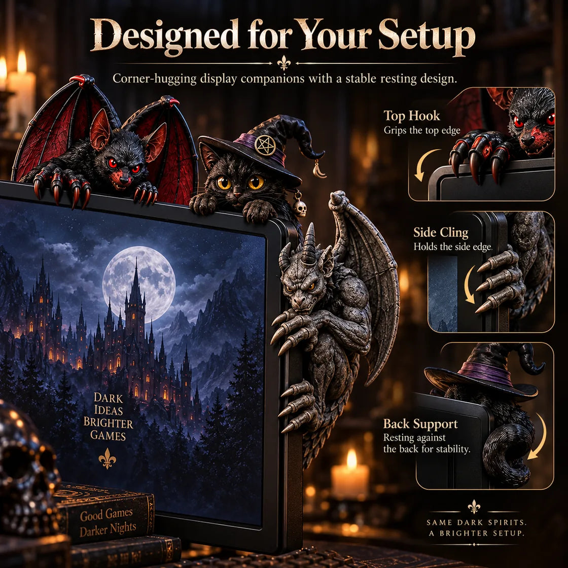 Illustration of how figurines sit at the monitor corners