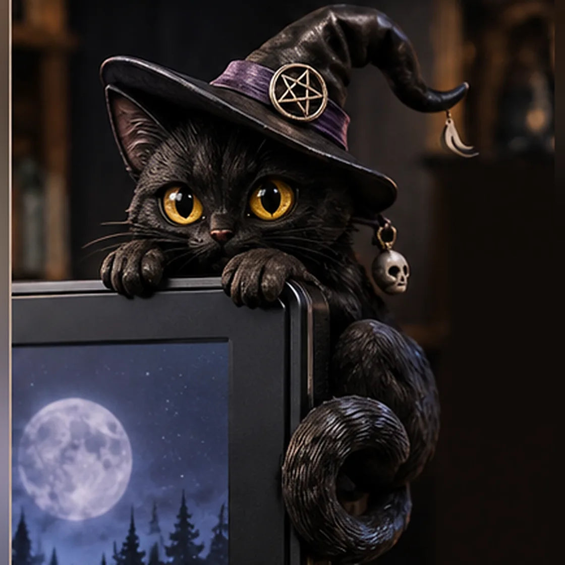 Hexbound Whiskers witch cat monitor figurine