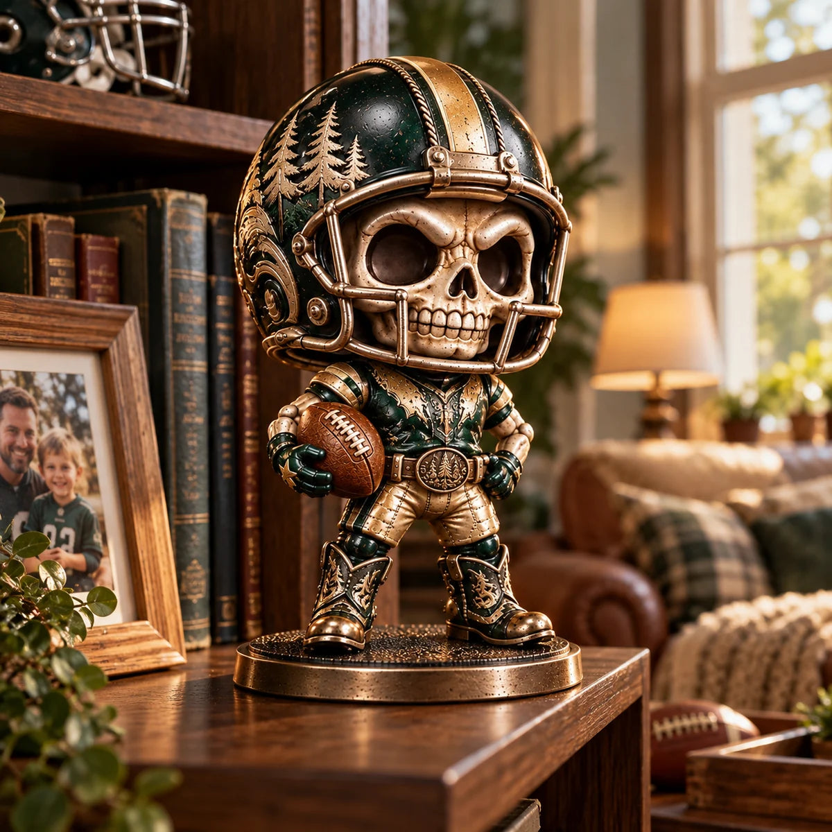 Green football skull figurine on a home bookshelf