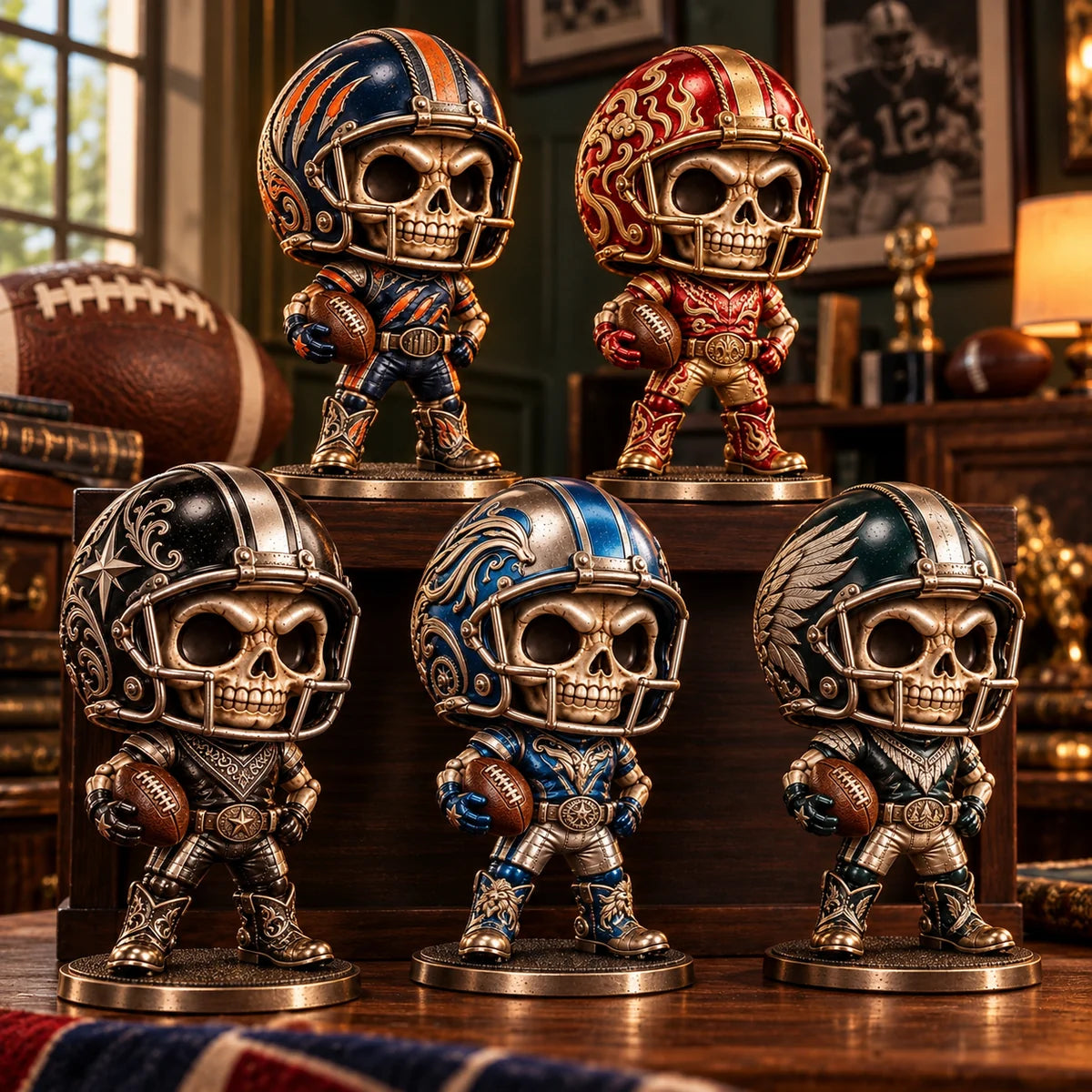 Display of several football skull figurine designs