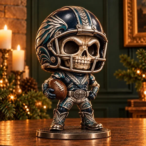 Teal helmet skull football figure