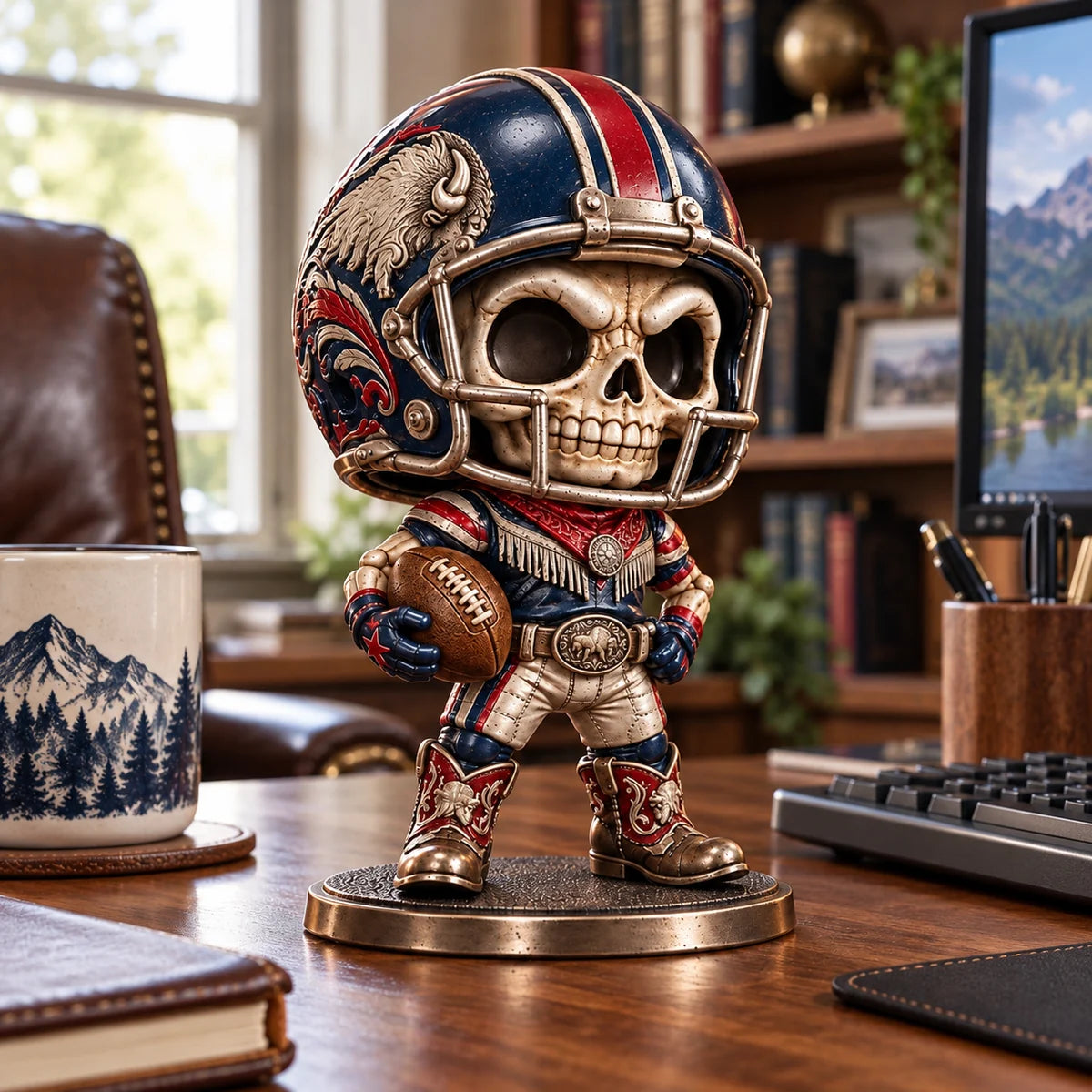 Skull football figure on a work desk