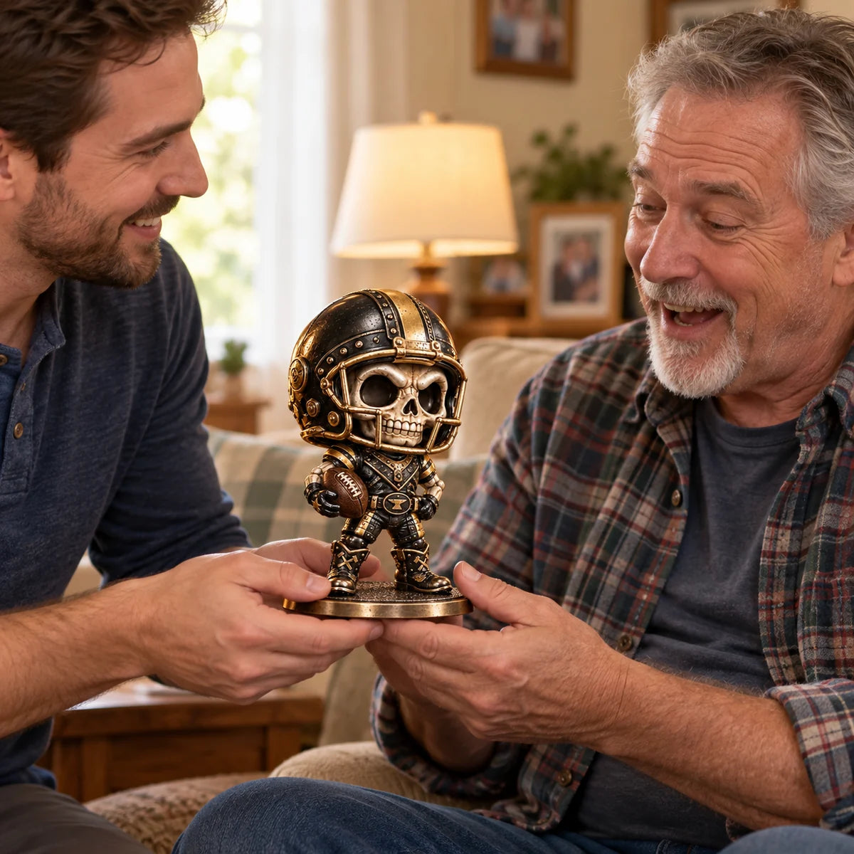 Football skull figurine being given as a gift