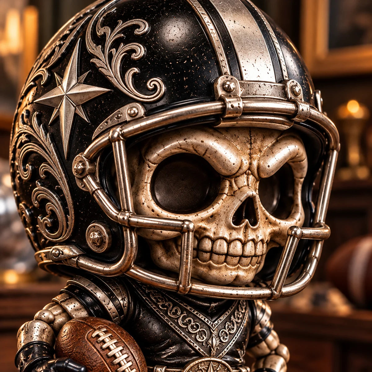 Close-up of metallic skull face and football helmet