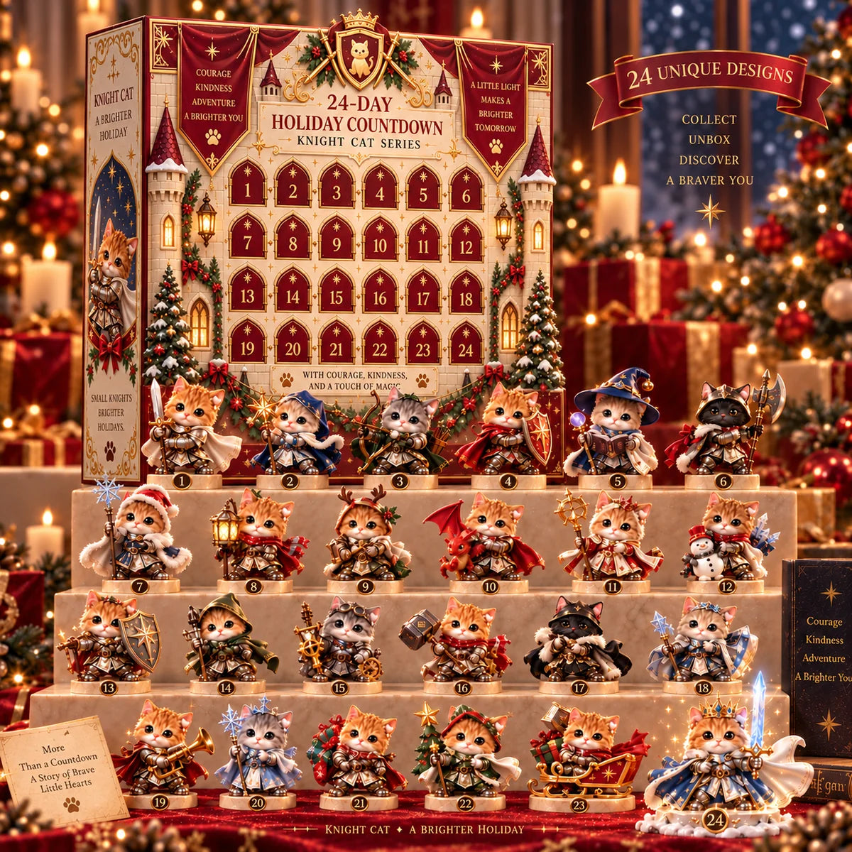 Knight Cat 24-day advent calendar with castle gift box and 24 fantasy kitten figurines
