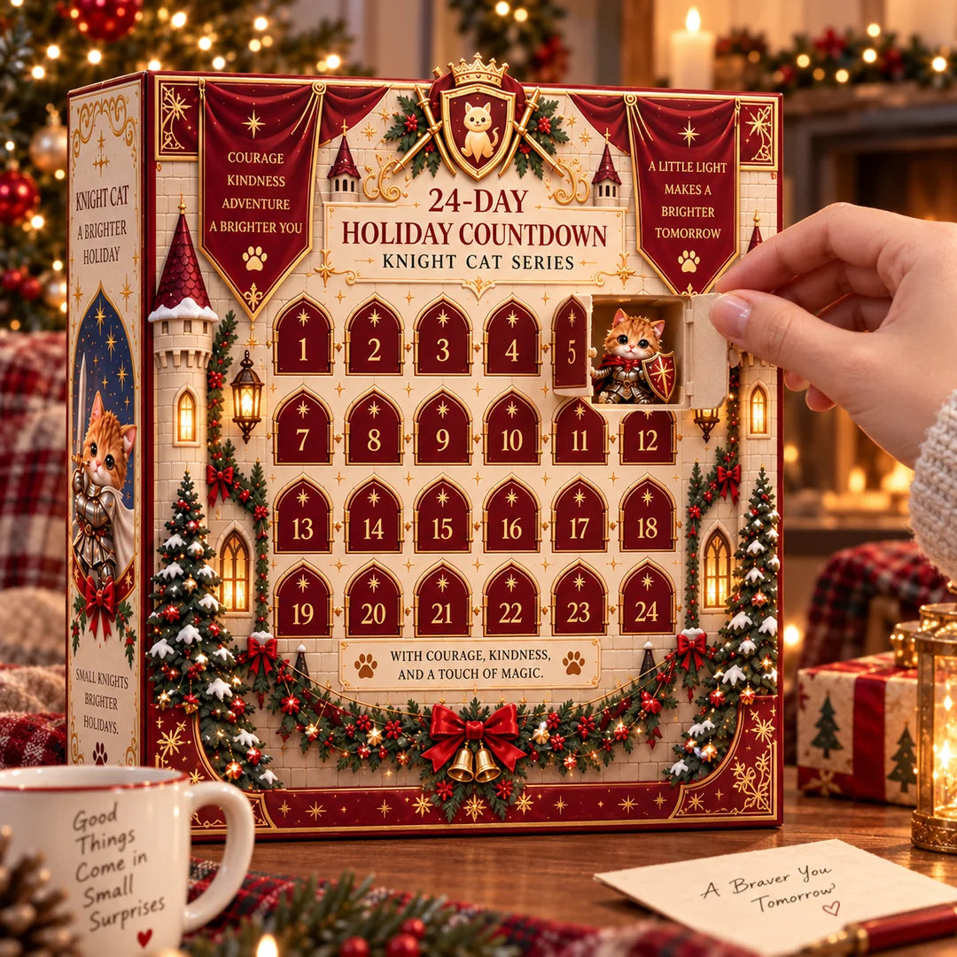 Hand opening a numbered advent calendar castle door to reveal a miniature kitten