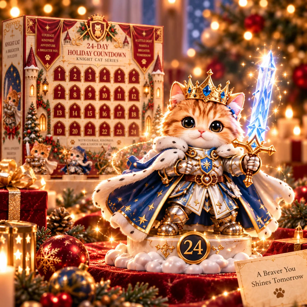 Royal crowned Day 24 kitten knight with blue cape and crystal sword