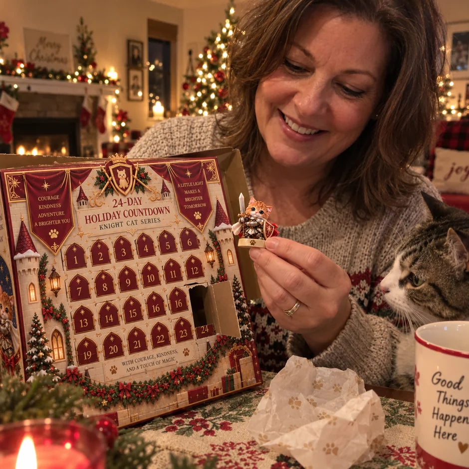 Casual Christmas unboxing photo with knight cat advent calendar