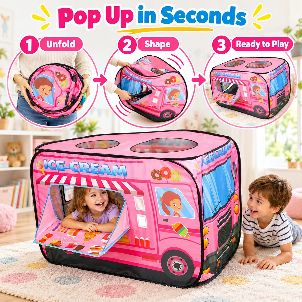 Three steps to unfold the ice cream truck play tent