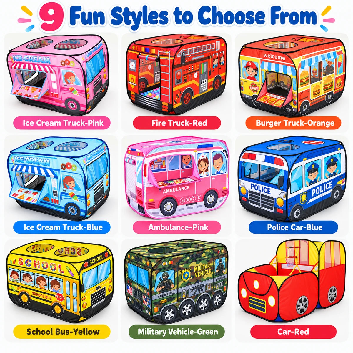 Collage of nine available vehicle play tent designs