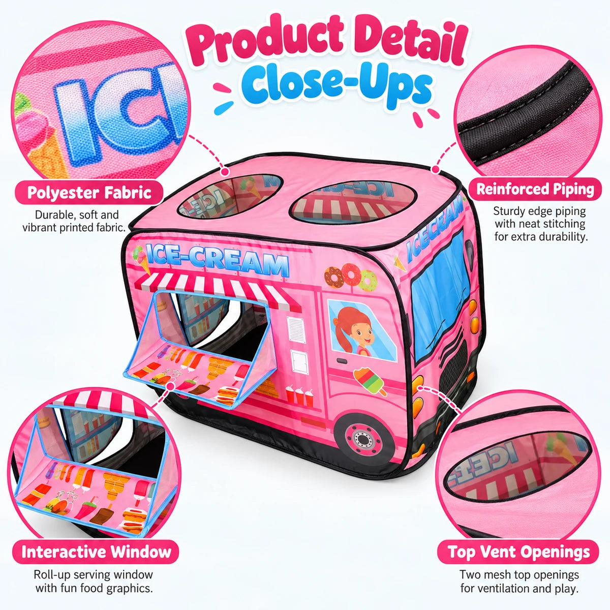 Close-up details of polyester pop up play tent fabric and piping