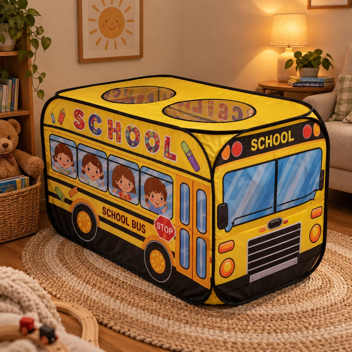 Yellow school bus pop up tent in a family playroom