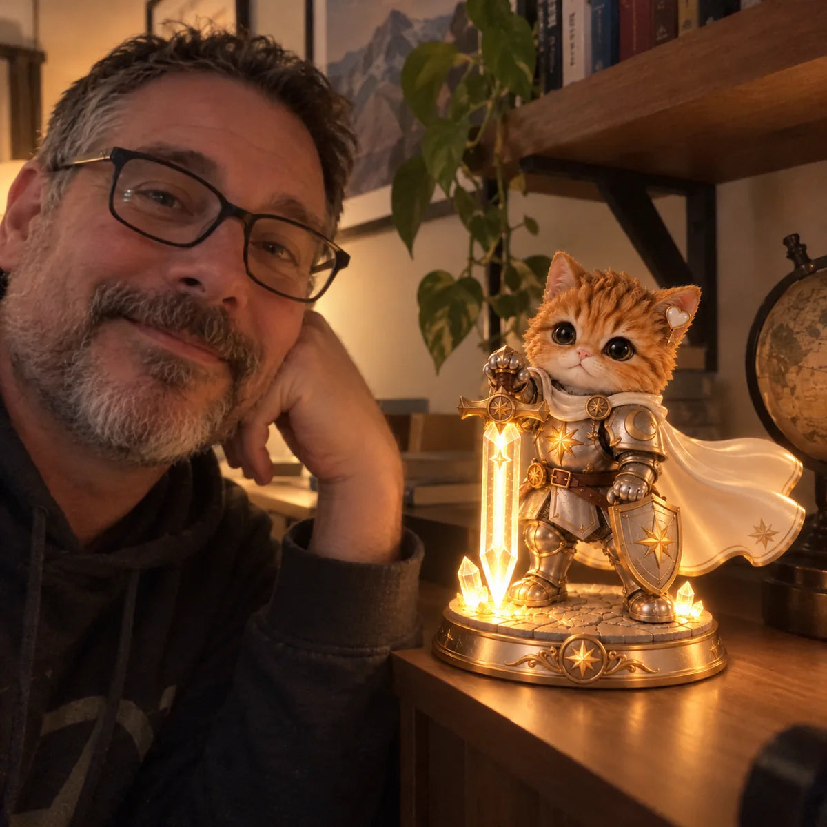 Man posing near illuminated knight cat figurine