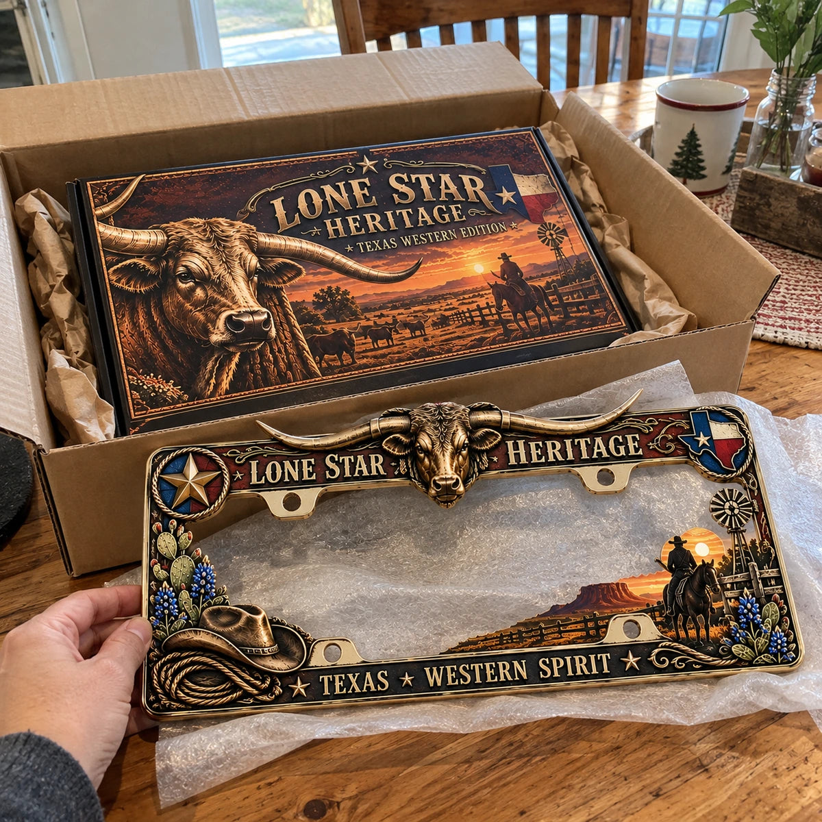 Unboxing scene featuring the Longhorn frame and branded gift presentation