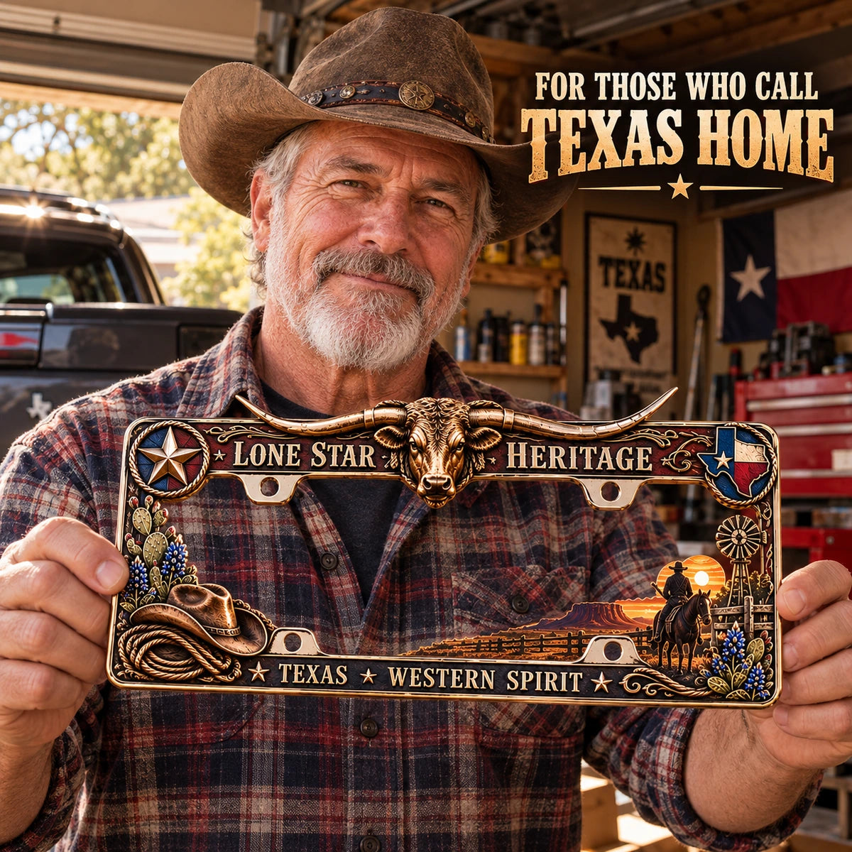 Man holding the Longhorn license plate frame inside his workshop