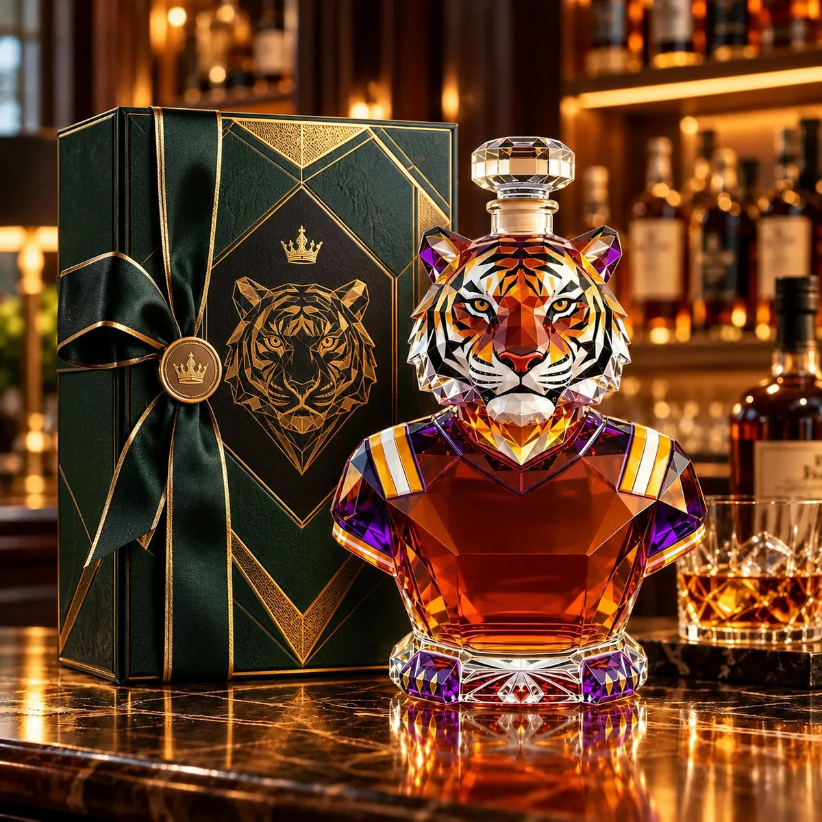Tiger decanter displayed next to a decorative gift box