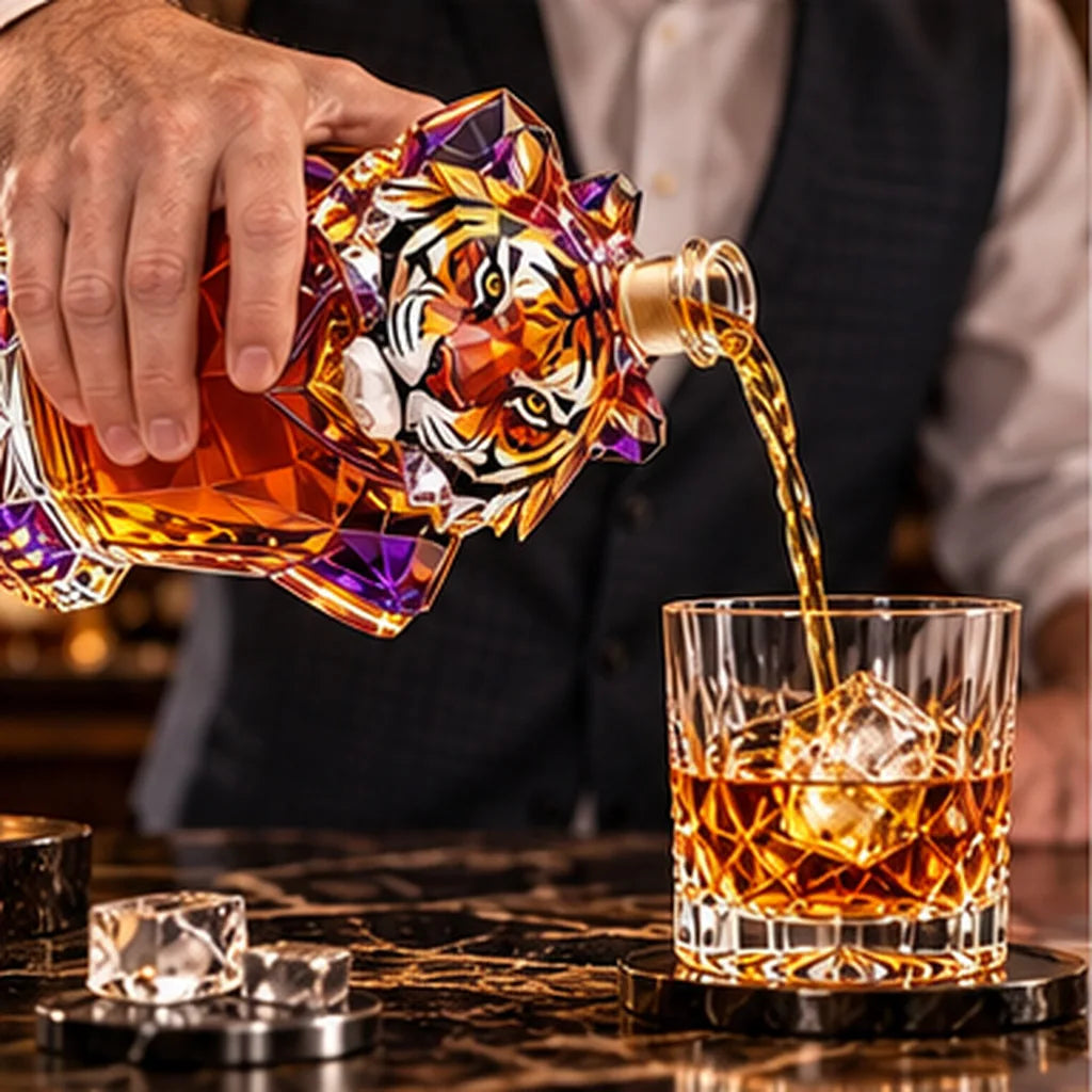Whiskey being poured from the geometric tiger decanter into a tumbler