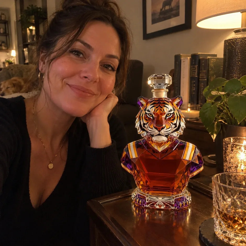Woman sitting beside the tiger glass decanter