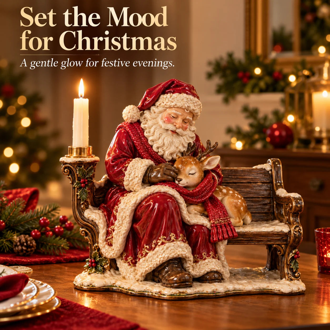 Santa with fawn candleholder — Christmas home decor