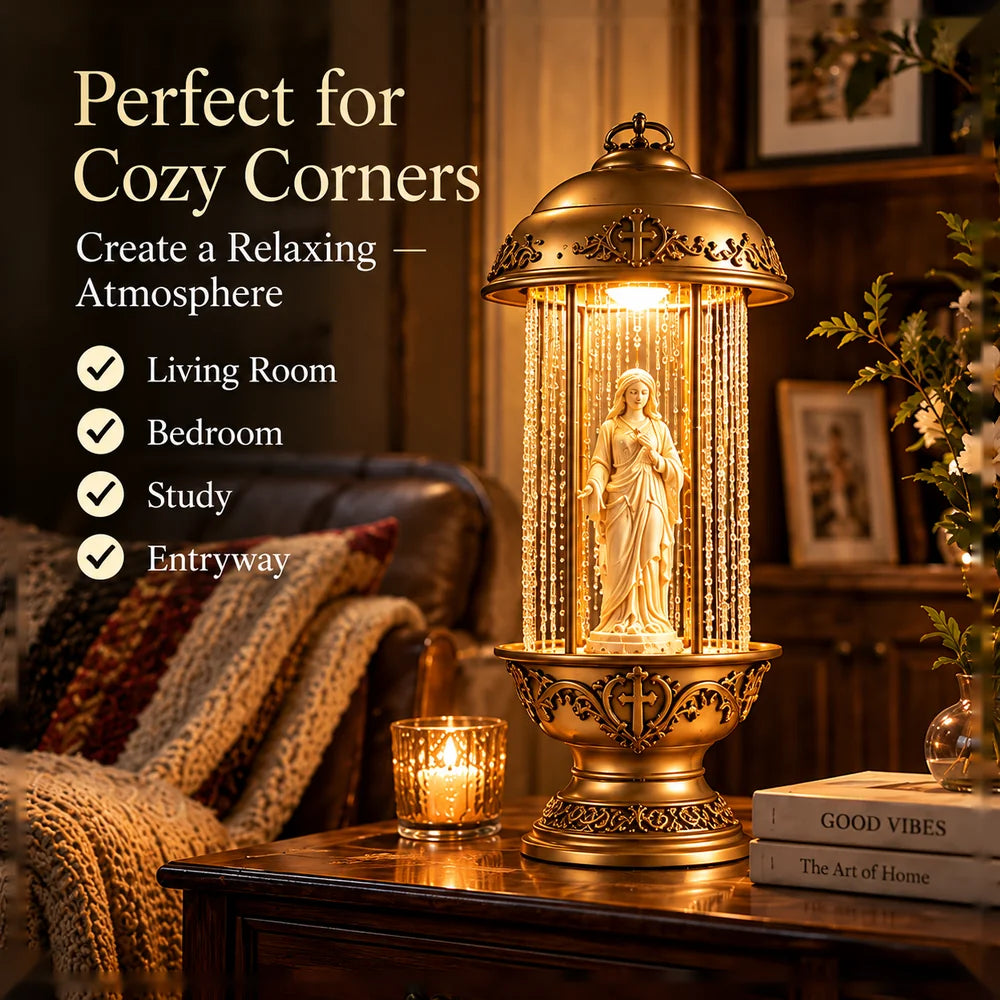 Vintage oil rain lamp on side table in warmly lit reading room