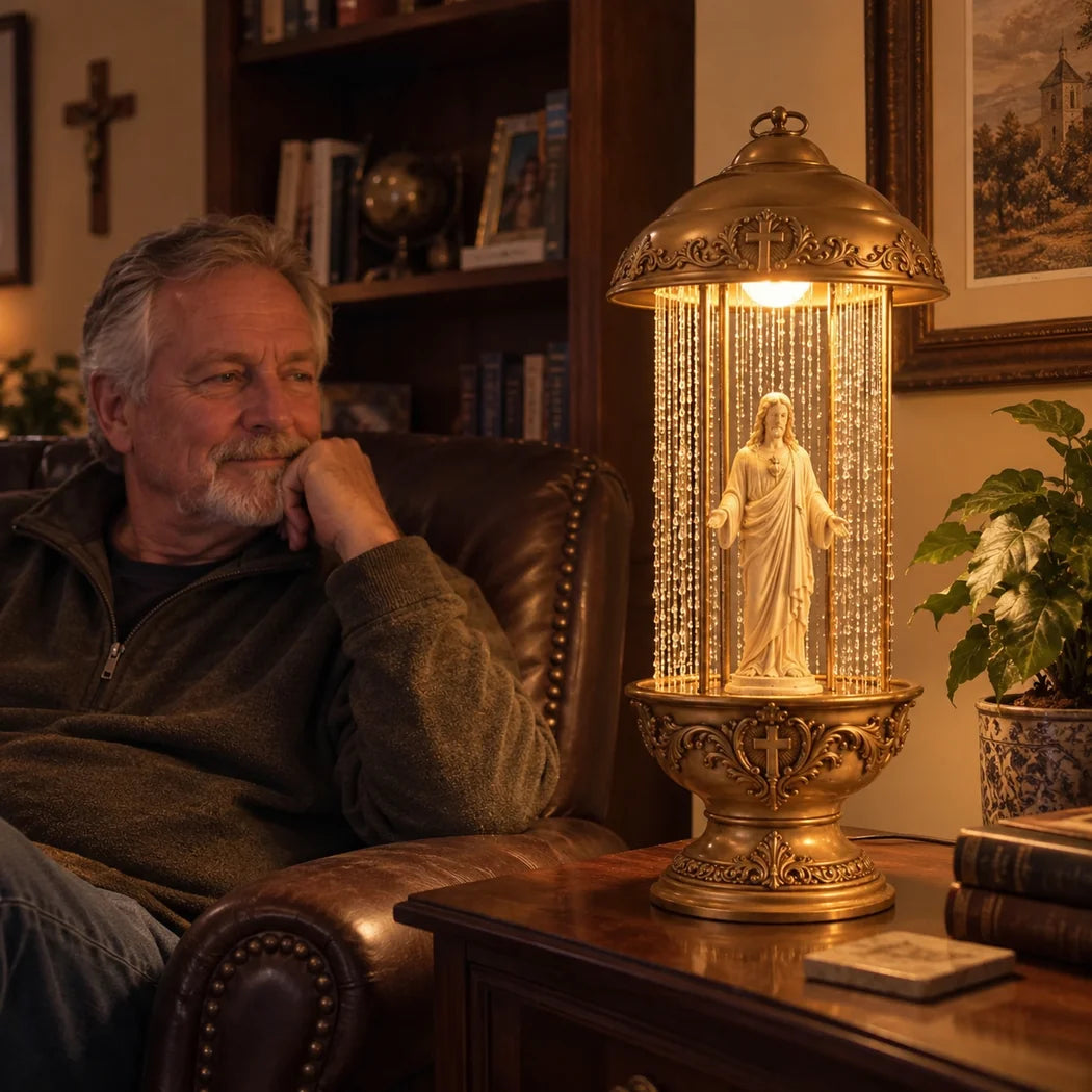 Lifestyle image of lamp beside seated man