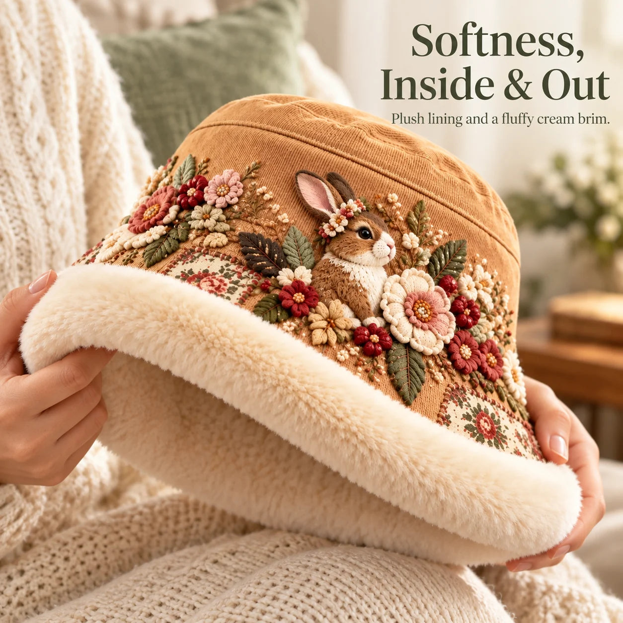 Softness, Inside & Out — woodland bunny plush-lined bucket hat