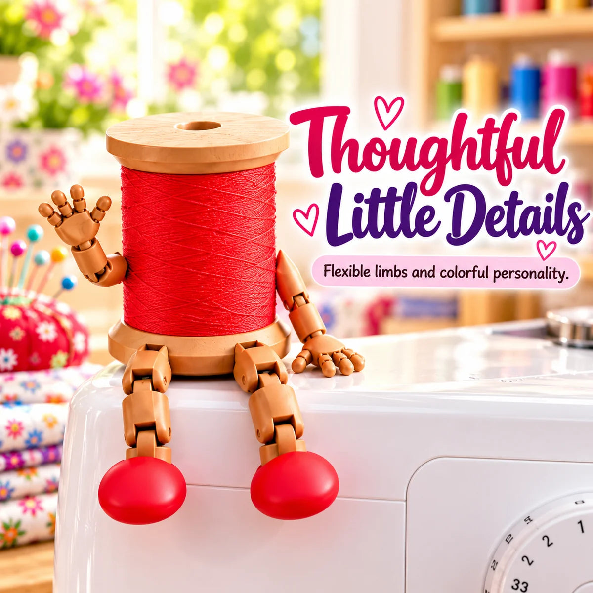 Red thread spool character with movable arms and legs