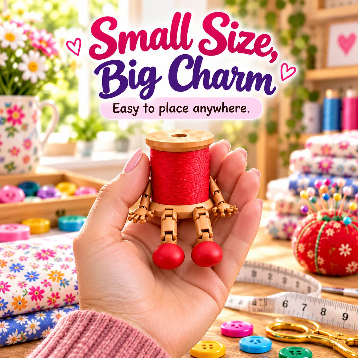 Small red spool buddy figurine held in a hand