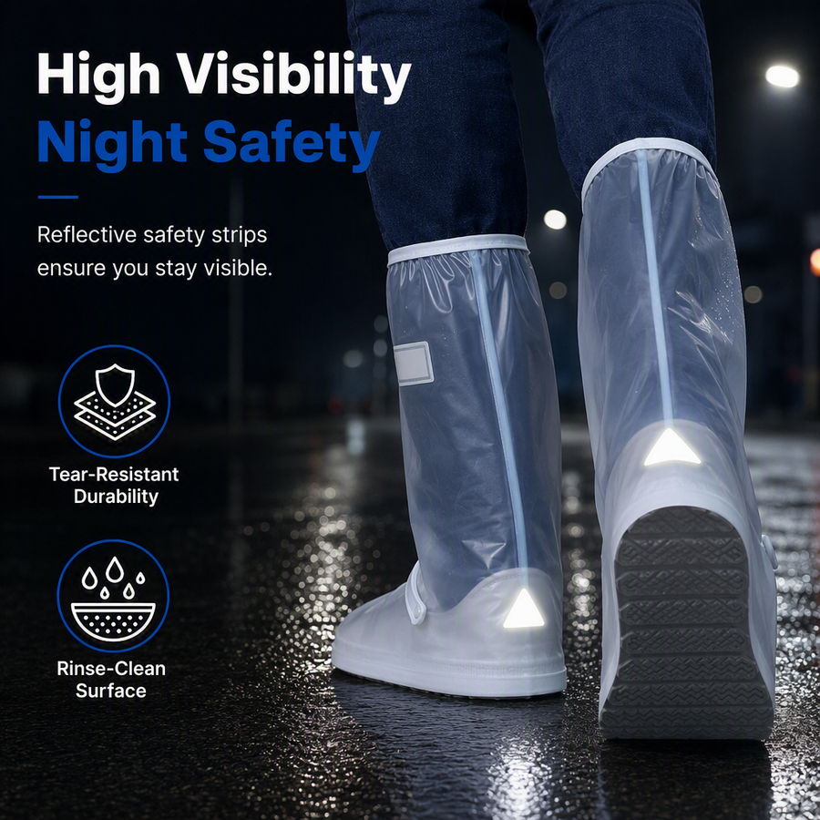 Reflective patches on white rain shoe covers at night