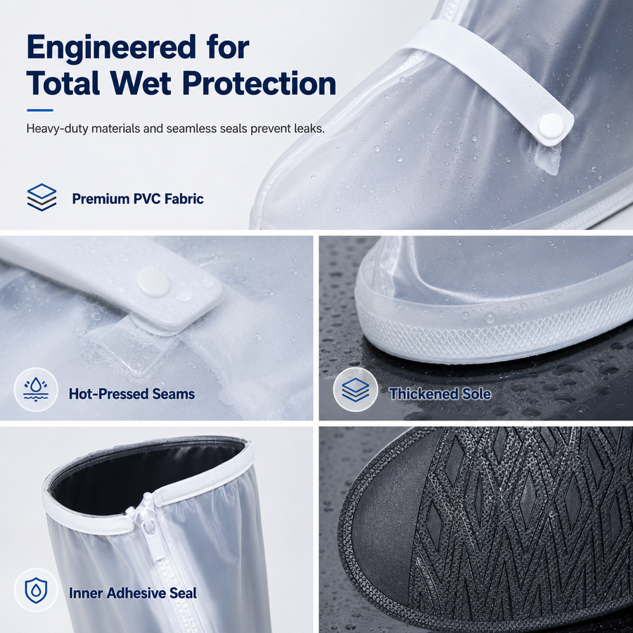 Close-up of PVC rain cover material seams and reinforced sole