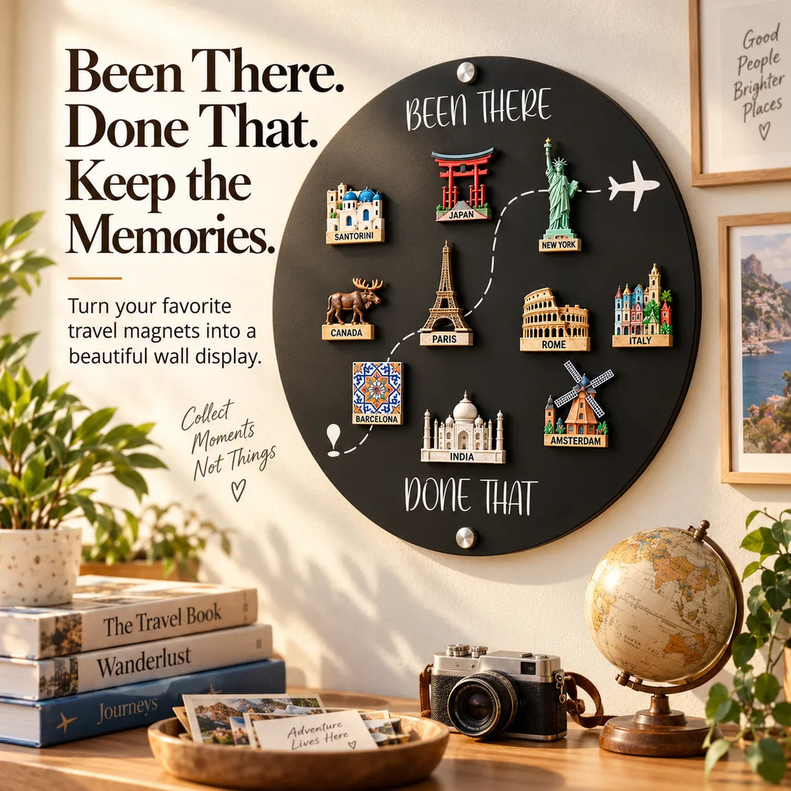 Black round Been There Done That travel magnet board with souvenirs on a warm wall