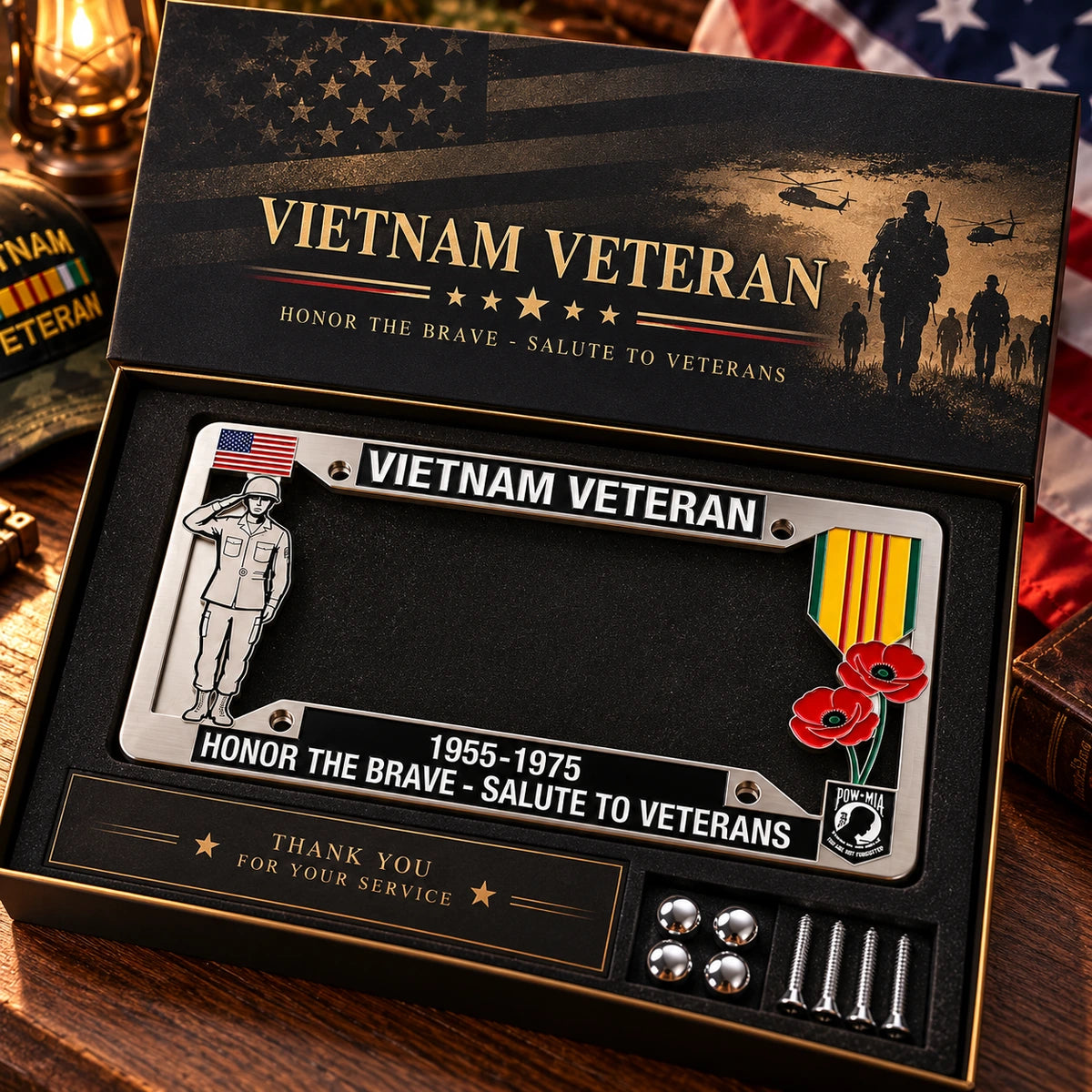 Vietnam Veteran commemorative plate frame shown in presentation box