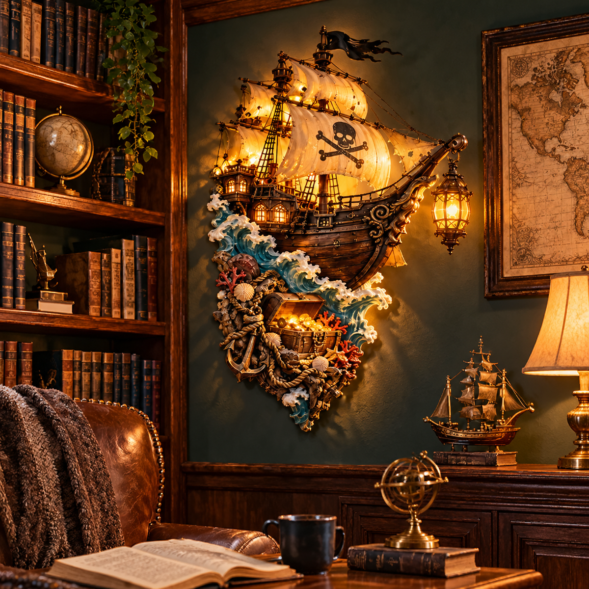 Captain's Lost Treasure – Lighted 3D Pirate Ship Wall Art, Vintage Nautical Decor for Home Bar, Study & Living Room
