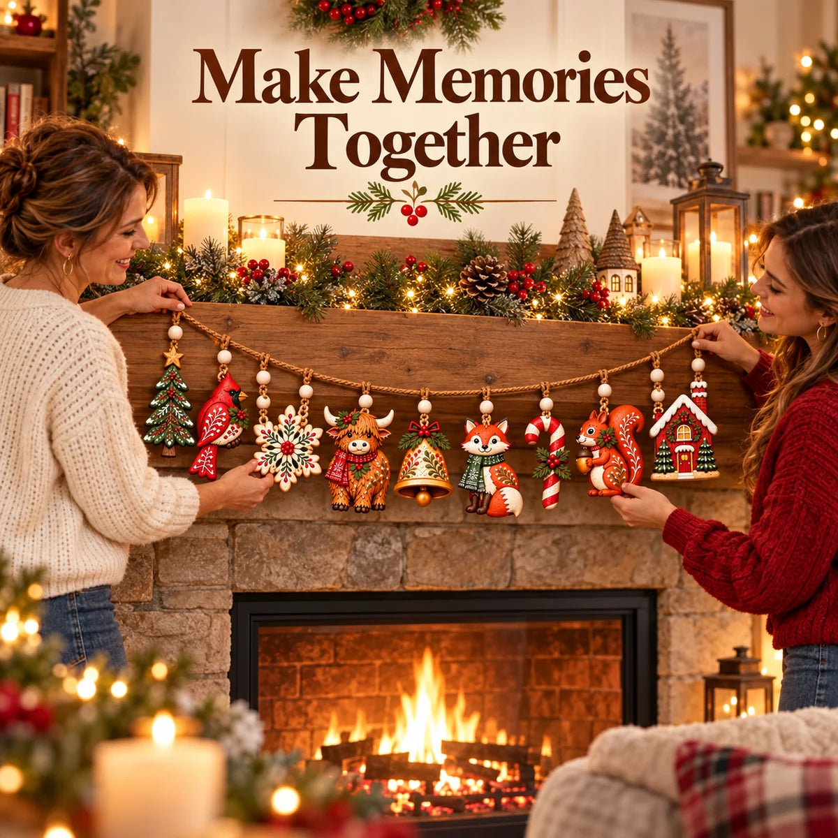 Family decorating a cozy Christmas mantel with woodland garland