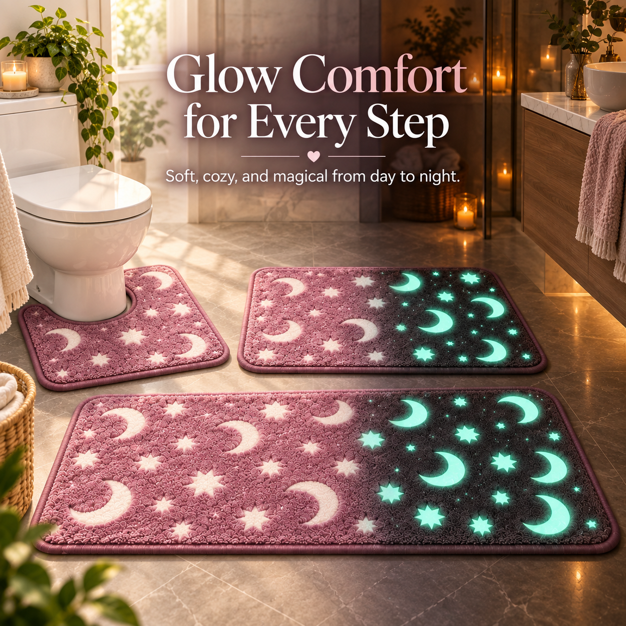 Pink moon and star glow in the dark 3-piece bathroom mat set