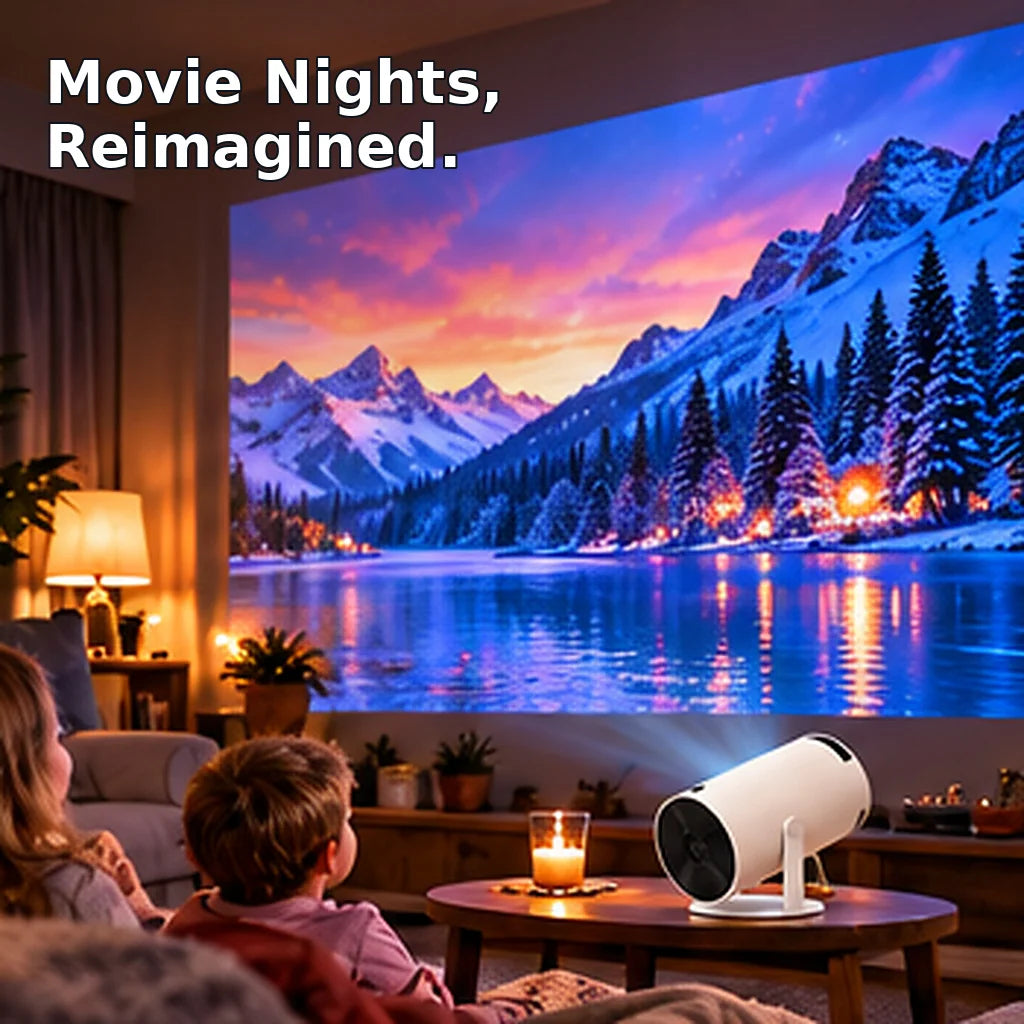 Portable mini projector bringing a large mountain movie image into a cozy American living room