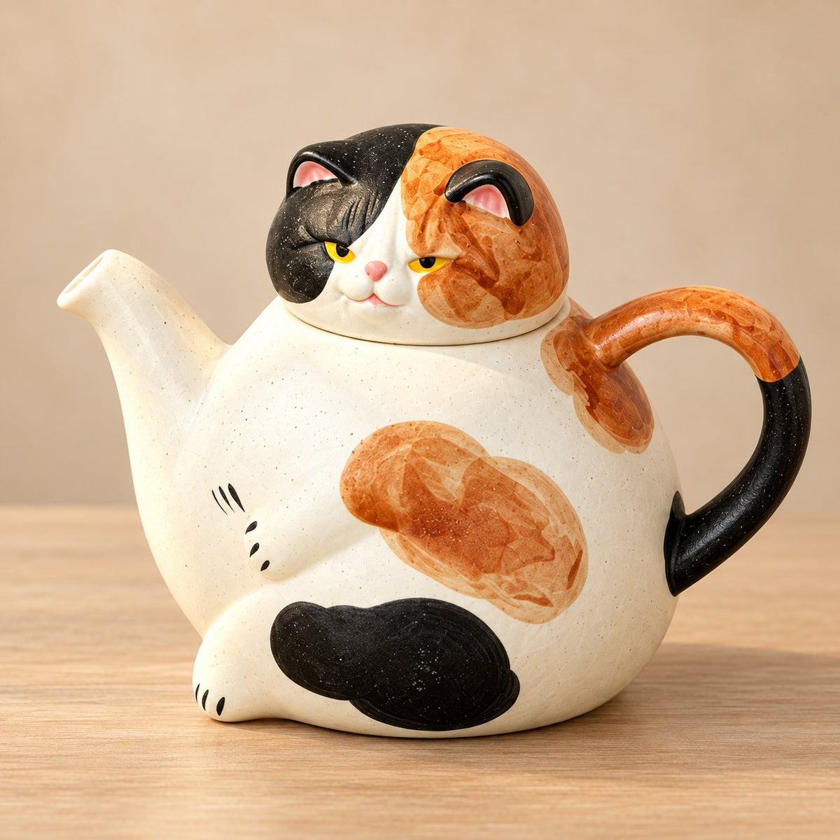 Handcrafted Calico Cat Teapot & Cup Set