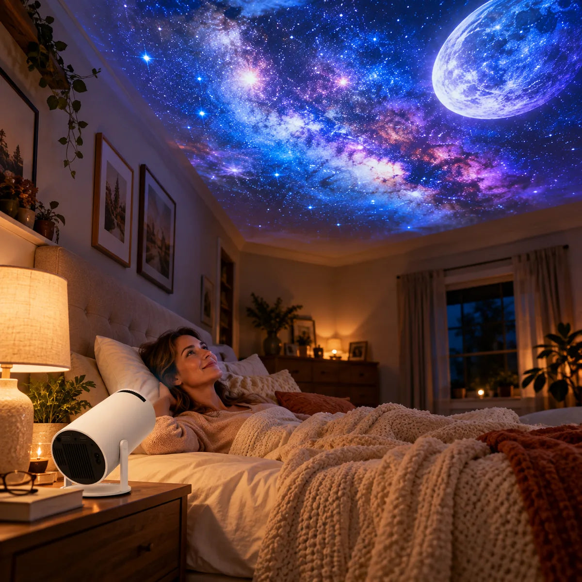 Woman relaxing in bed beneath a colorful galaxy ceiling projection
