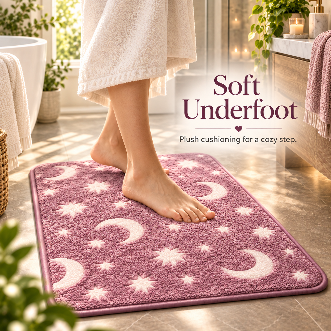 Soft pink moon and star bathroom mat under bare feet