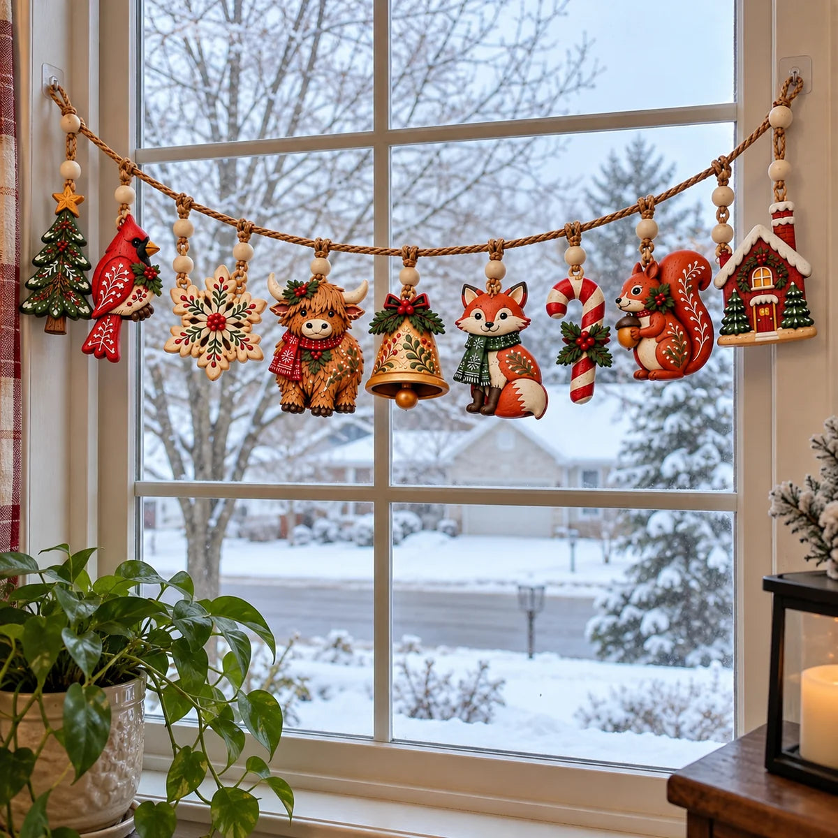 Woodland Christmas garland across a snowy window