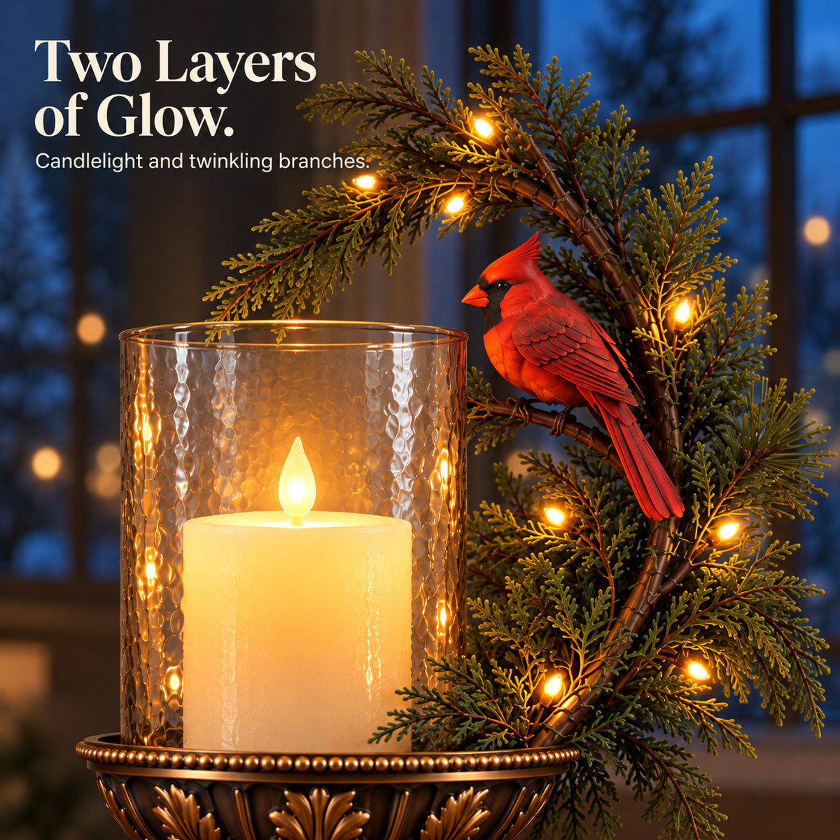 Warm candle-style light and illuminated evergreen branches beside a cardinal