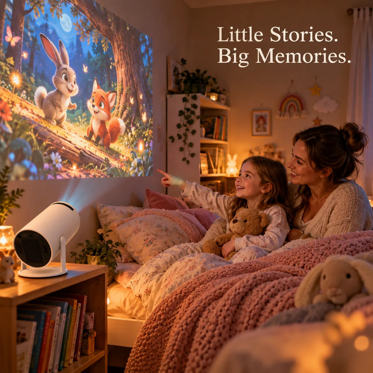 Mother and daughter enjoying projected bedtime animal story