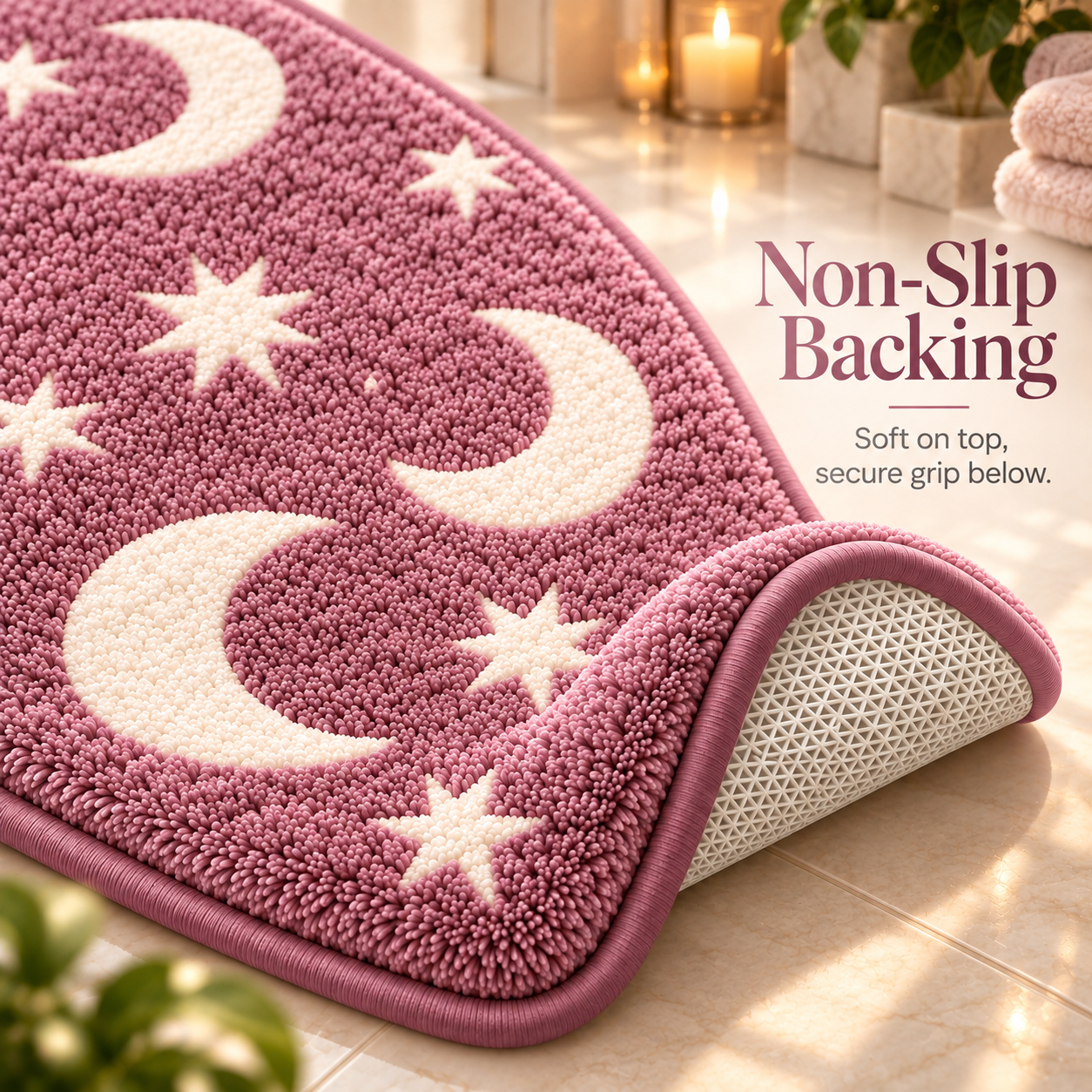 Close-up of pink moon and star bath mat with textured non-slip backing